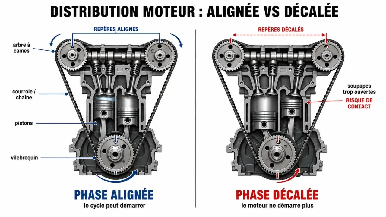 Distribution décalée démarrage impossible : schéma simplifié du calage entre vilebrequin, arbre à cames et pistons