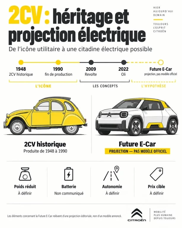 Infographie sur la nouvelle 2CV Citroën et le passage de la 2CV thermique à une possible petite voiture électrique