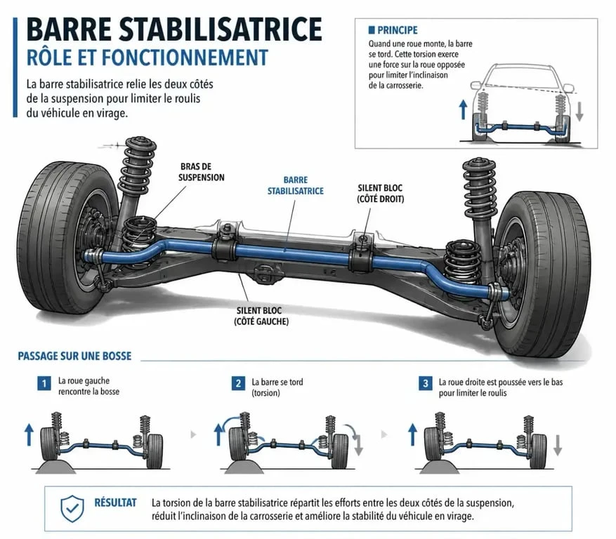 Schéma du symptôme silent bloc barre stabilisatrice HS et localisation de la pièce sur le châssis