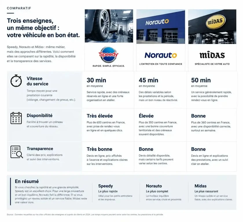 Comparatif des services d'entretien automobile Speedy, Norauto et Midas pour un avis éclairé