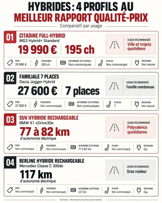Voitures hybrides au meilleur rapport qualité-prix comparées selon le prix, l’autonomie et l’usage
