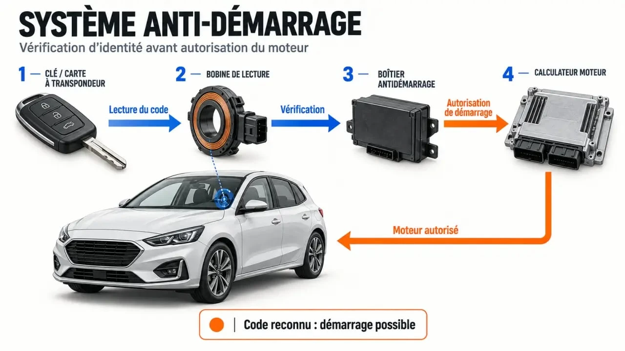 Schéma du fonctionnement d’un système anti-démarrage voiture avec clé, transpondeur et calculateur moteur
