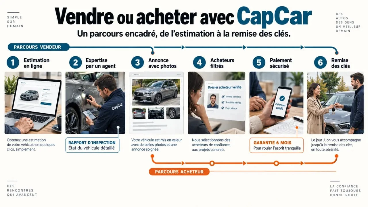 Fonctionnement CapCar : schéma des étapes de vente et d’achat d’une voiture d’occasion
