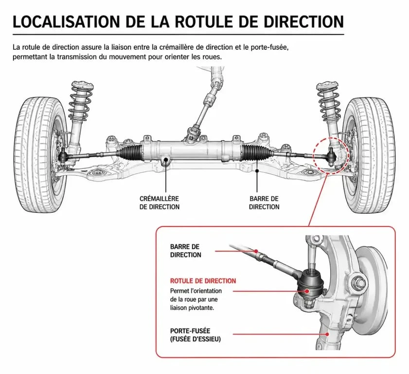 Schéma technique expliquant le rôle et la localisation de la rotule de direction sur un véhicule