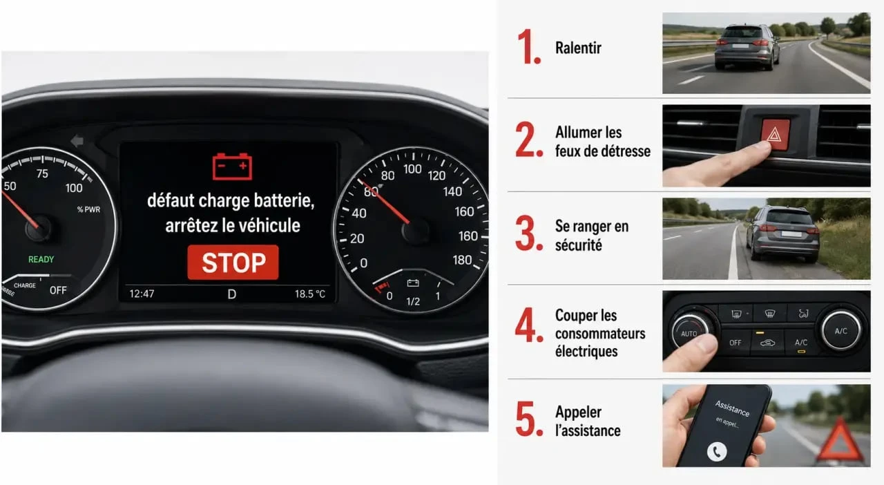 Défaut charge batterie arrêtez le véhicule : tableau de bord en alerte et gestes d'urgence pour s'arrêter en sécurité