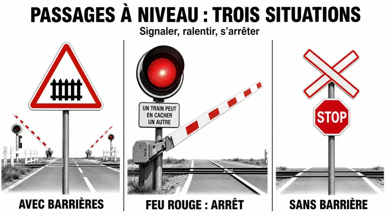 Ce signal concerne les passages à niveau : comparaison des panneaux A7, feux rouges clignotants et barrières