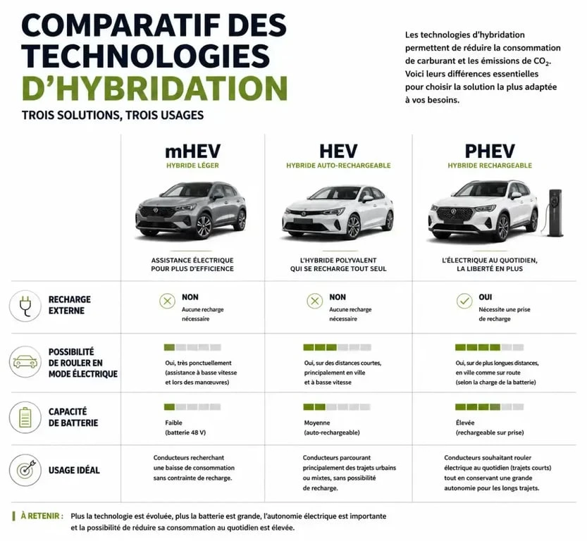 Infographie comparative des technologies mHEV HEV et PHEV pour comprendre le fonctionnement d’une voiture hybride