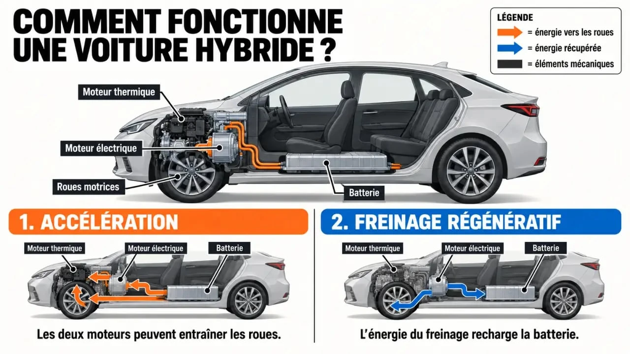 Schéma simplifié du fonctionnement d’une voiture hybride avec moteur thermique, moteur électrique et récupération d’énergie
