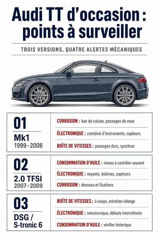 Audi TT modèle à éviter : tableau visuel des générations et défauts mécaniques à surveiller
