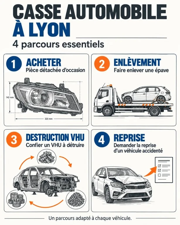 Infographie des services d'une casse automobile Lyon : pièces d'occasion, enlèvement d'épave, traitement VHU et reprise de véhicule