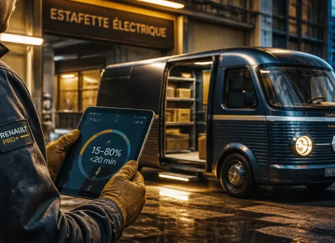 Estafette electrique de livraison urbaine, marchepied escamotable et tablette livreur