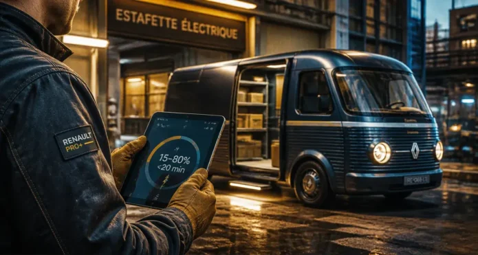 Estafette electrique de livraison urbaine, marchepied escamotable et tablette livreur