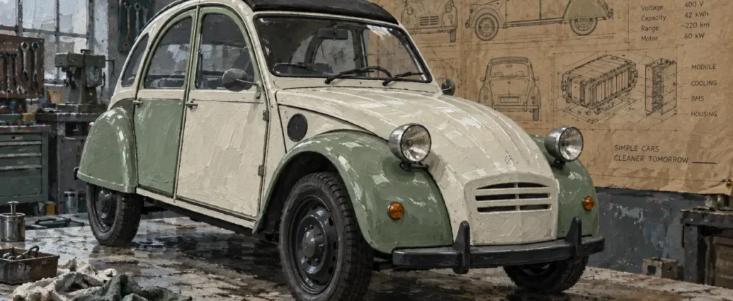 Nouvelle 2CV Citroën E-Car électrique en atelier, vue avant gauche