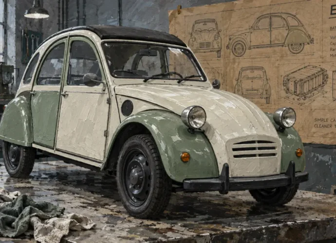 Nouvelle 2CV Citroën E-Car électrique en atelier, vue avant gauche