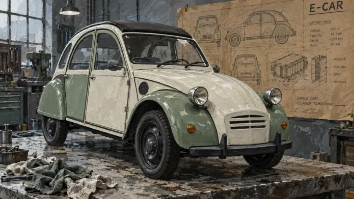 Nouvelle 2CV Citroën E-Car électrique en atelier, vue avant gauche