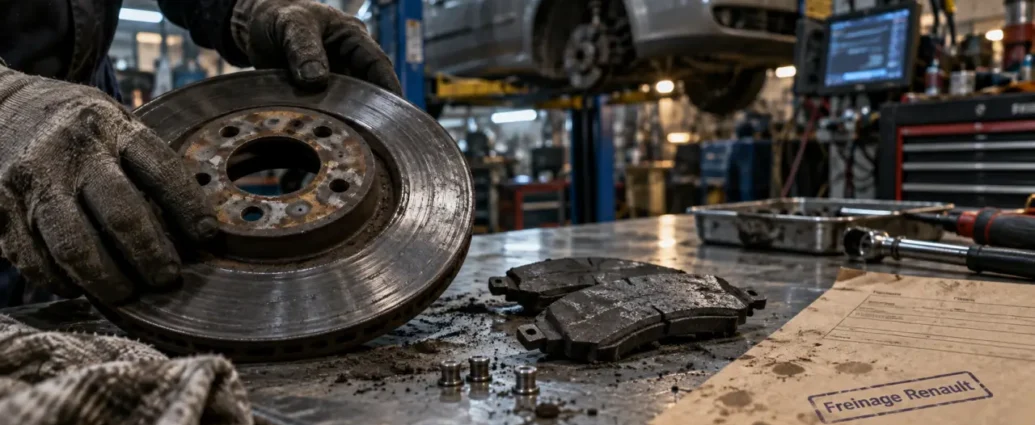 Prix changement plaquette de frein et disque chez Renault : technicien inspecte disques et plaquettes en atelier