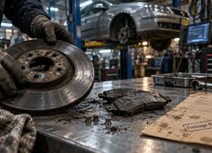 Prix changement plaquette de frein et disque chez Renault : technicien inspecte disques et plaquettes en atelier