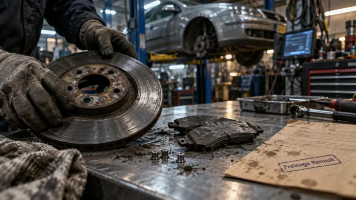 Prix changement plaquette de frein et disque chez Renault : technicien inspecte disques et plaquettes en atelier