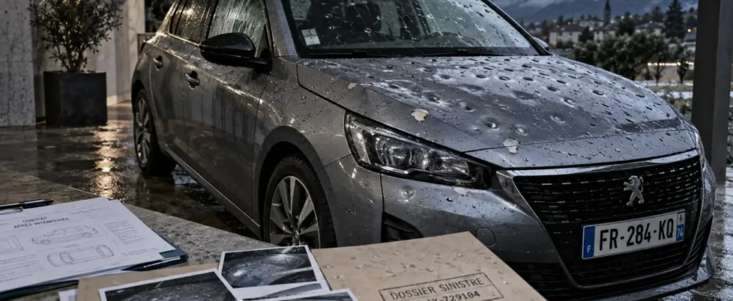 Voiture grêlée : capot et toit couverts de micro-bosses après l’orage
