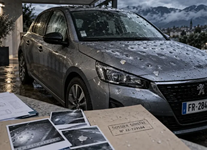 Voiture grêlée : capot et toit couverts de micro-bosses après l’orage