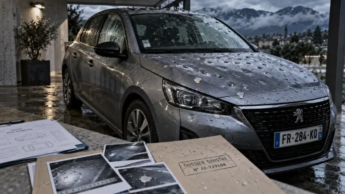 Voiture grêlée : capot et toit couverts de micro-bosses après l’orage