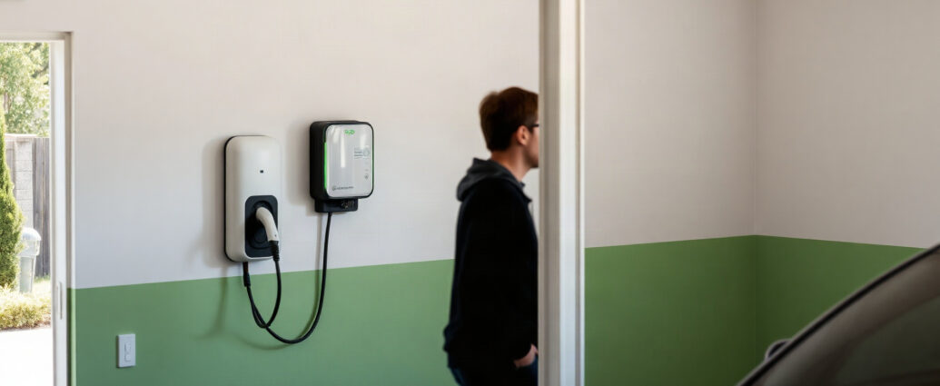 Wallbox résidentielle installée dans un garage avec câble branché sur une voiture électrique