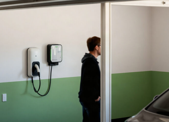 Wallbox résidentielle installée dans un garage avec câble branché sur une voiture électrique