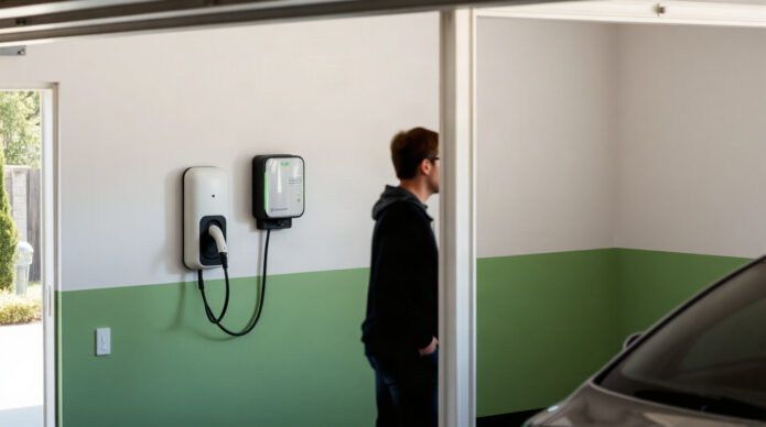Wallbox résidentielle installée dans un garage avec câble branché sur une voiture électrique