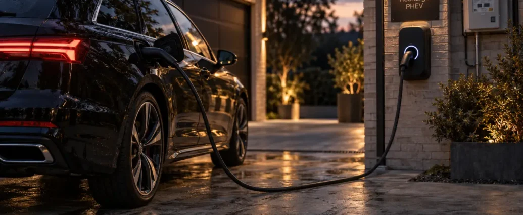 Comment se recharge une voiture hybride : câble sur borne Type 2 (PHEV) devant garage