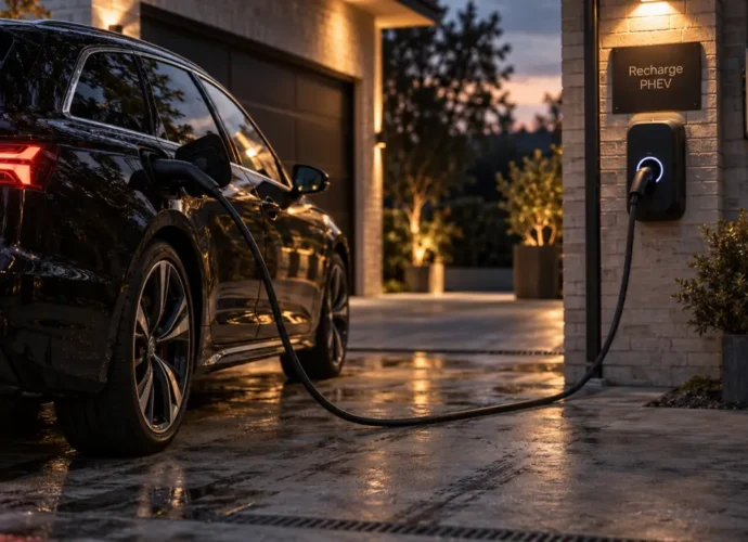 Comment se recharge une voiture hybride : câble sur borne Type 2 (PHEV) devant garage