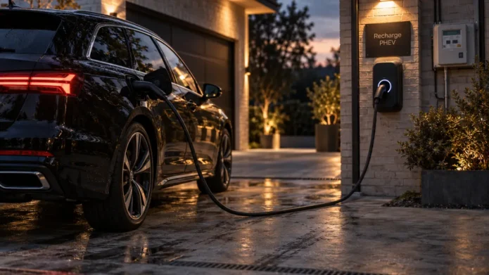 Comment se recharge une voiture hybride : câble sur borne Type 2 (PHEV) devant garage