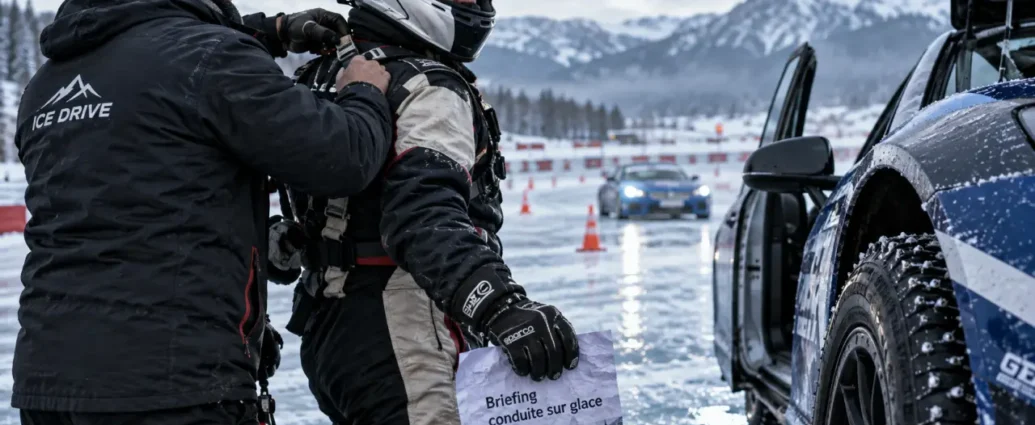 Conduite sur glace : briefing en stage au volant sur piste glacée
