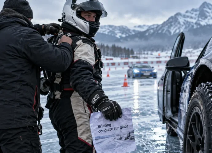 Conduite sur glace : briefing en stage au volant sur piste glacée