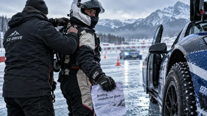 Conduite sur glace : briefing en stage au volant sur piste glacée