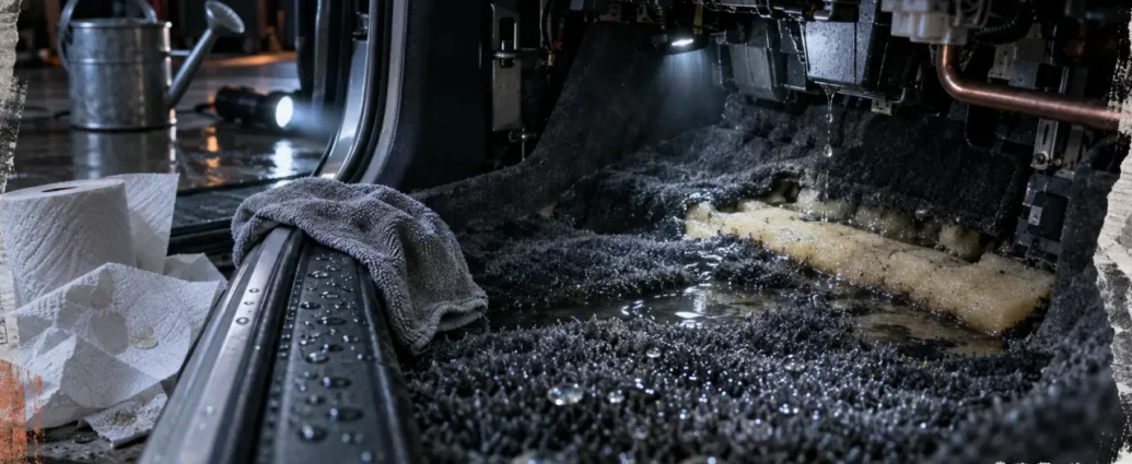Eau qui rentre dans la voiture côté passager : tapis humide sous le tableau de bord