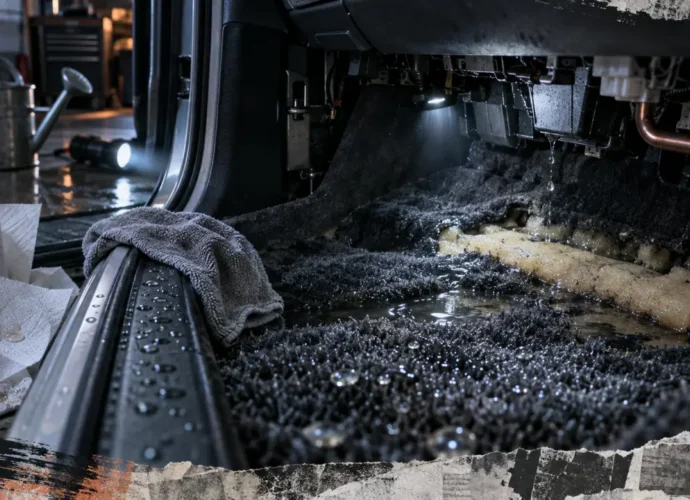 Eau qui rentre dans la voiture côté passager : tapis humide sous le tableau de bord