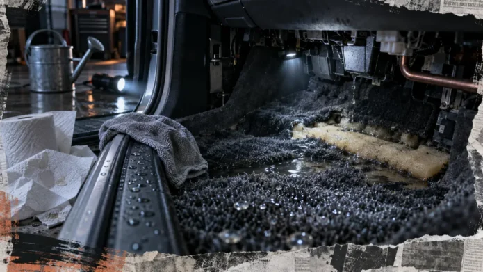 Eau qui rentre dans la voiture côté passager : tapis humide sous le tableau de bord