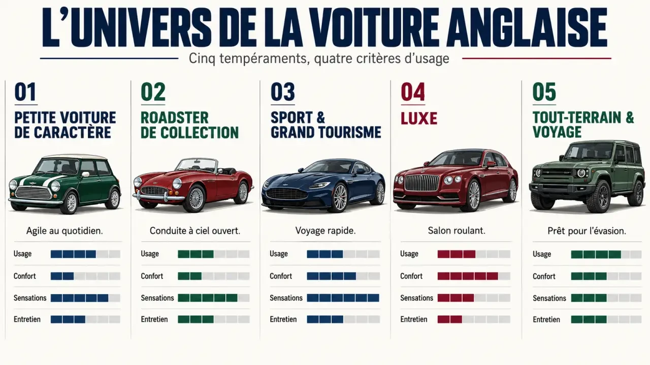 Infographie sur les catégories de voiture anglaise et leurs usages