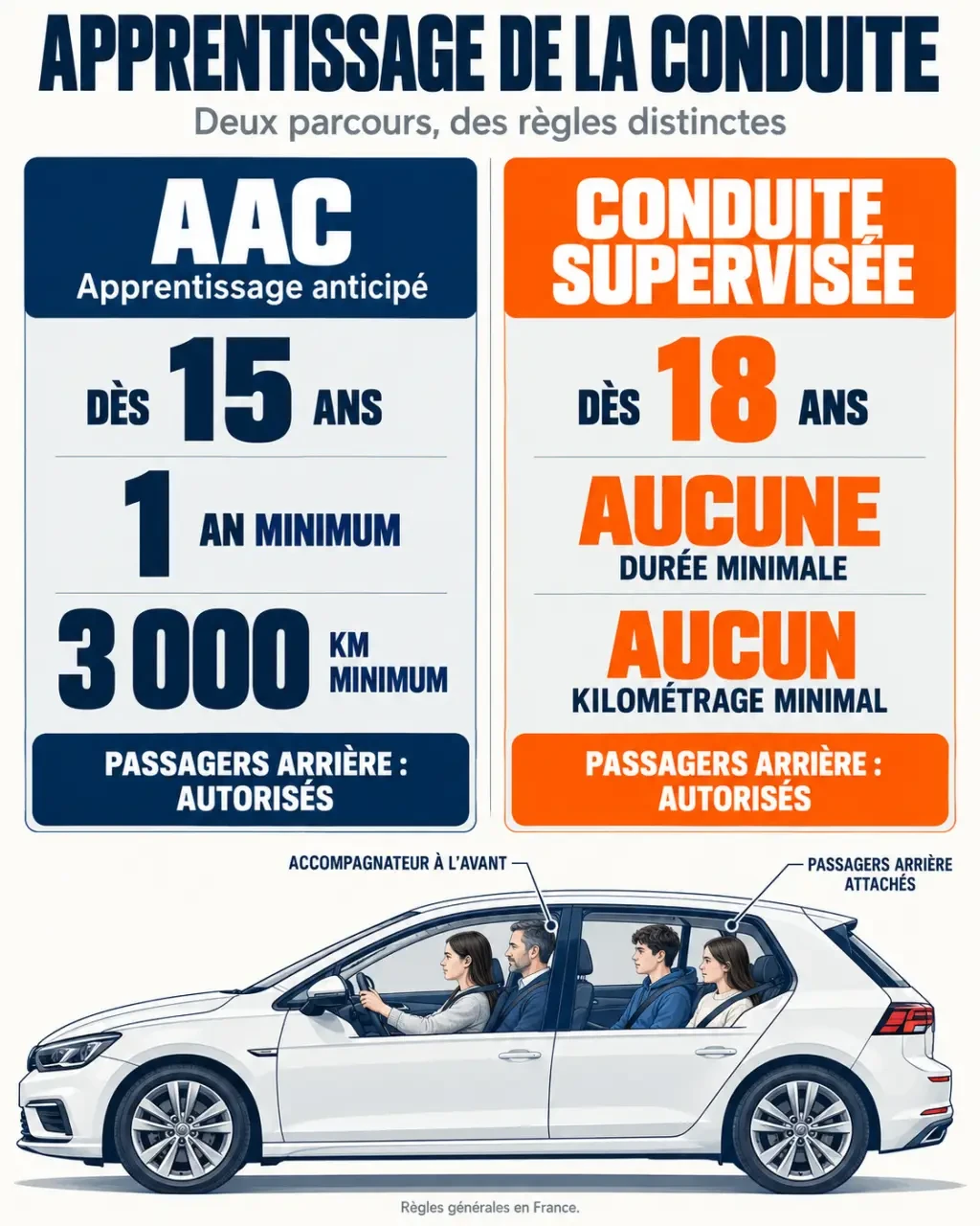 Infographie sur la conduite supervisée passagers arrière et la comparaison avec la conduite accompagnée