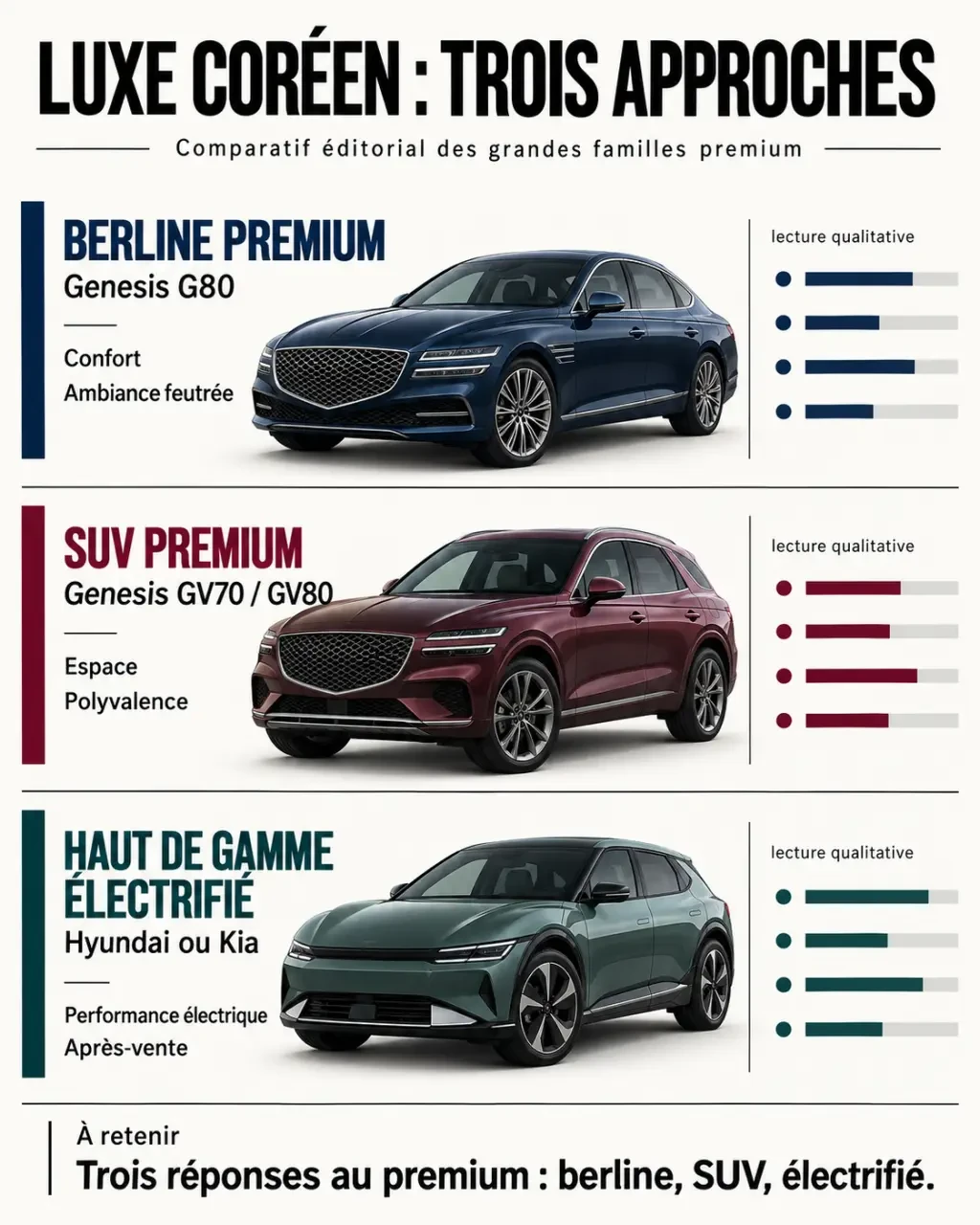 Infographie comparative sur la voiture coréenne de luxe entre Genesis, Hyundai et Kia