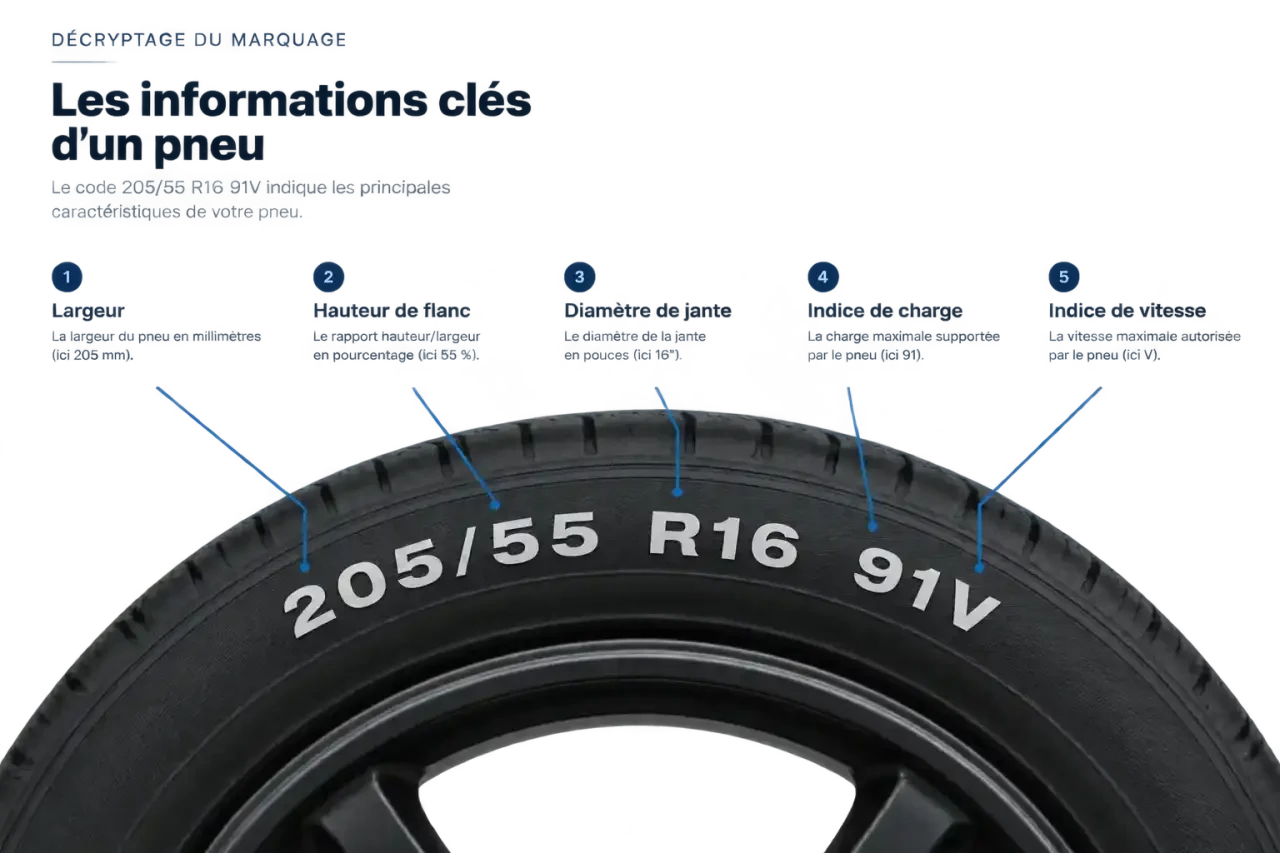 Schéma de lecture de la dimension d'un pneu BestDrive : 205/55 R16 91V expliqué sur le flanc