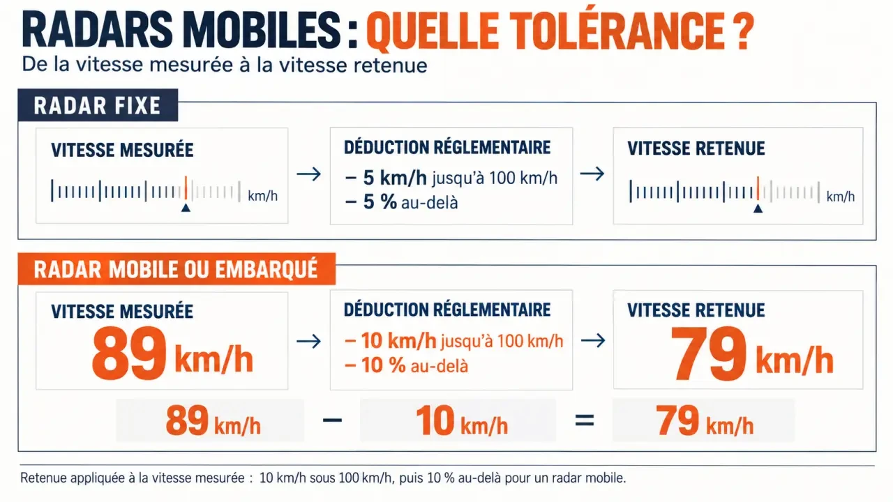 Infographie sur la tolérance radars mobiles et le calcul de la vitesse retenue