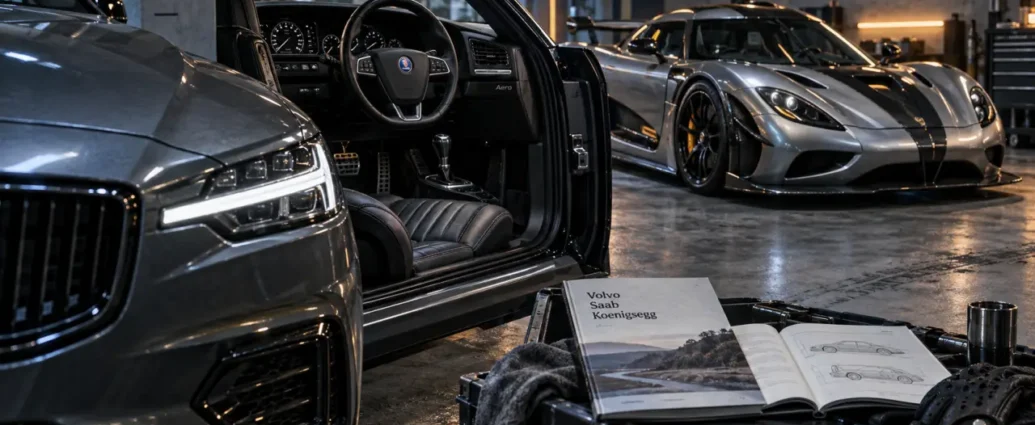 Marque voiture suedoise : Volvo Saab Koenigsegg, voitures en garage béton