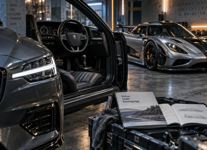 Marque voiture suedoise : Volvo Saab Koenigsegg, voitures en garage béton