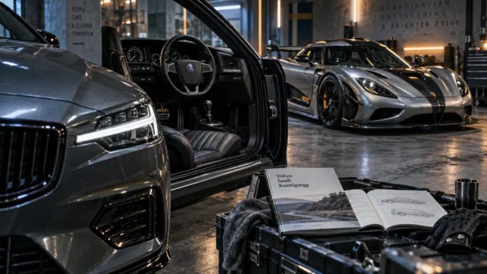 Marque voiture suedoise : Volvo Saab Koenigsegg, voitures en garage béton
