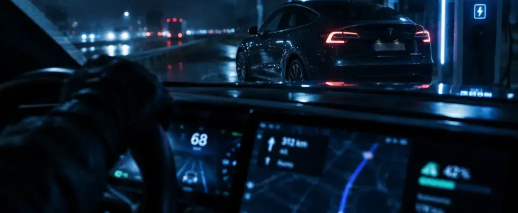 Tesla Model Y grande autonomie 657 km WLTP, nuit sur autoroute