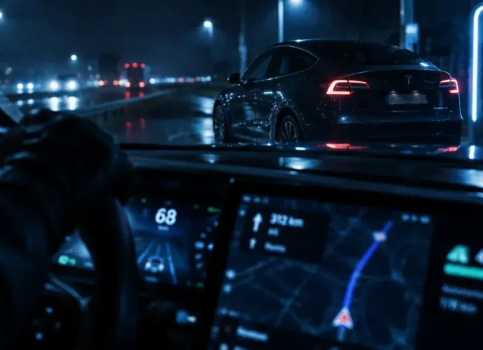 Tesla Model Y grande autonomie 657 km WLTP, nuit sur autoroute