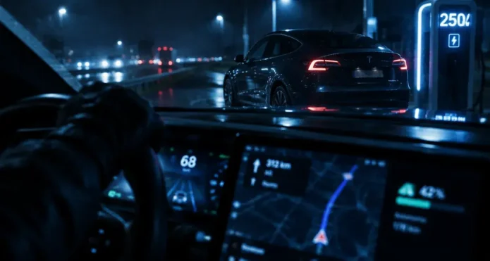 Tesla Model Y grande autonomie 657 km WLTP, nuit sur autoroute