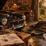 Voiture anglaise : capot ouvert dans un garage en briques, route de campagne