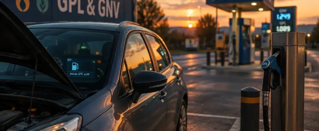 Voiture au gaz GPL et GNV sur parking, station en arrière-plan
